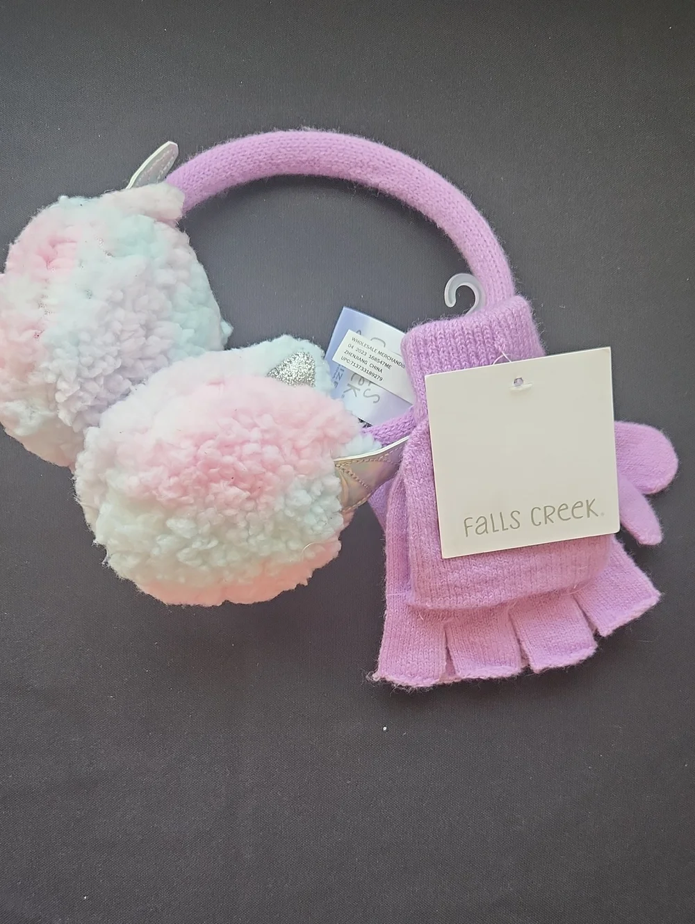 ❤️Falls Creek Pink Pastel Pom Unicorn Ear Muffs and Fingerless Gloves Set